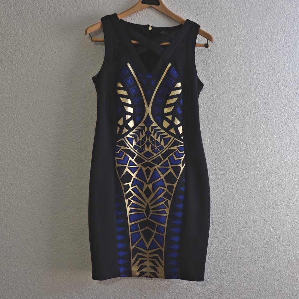 Thalia Sodi Black Blue and Metallic Gold Geometric Bodycon Mini Dress Small
